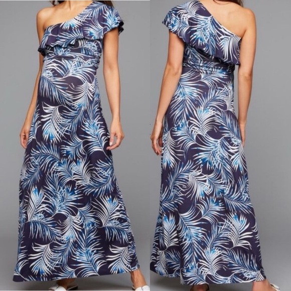 A Pea In The Pod One Shoulder Maxi Maternity Dress Jersey Stretch Tropical - Picture 2 of 7